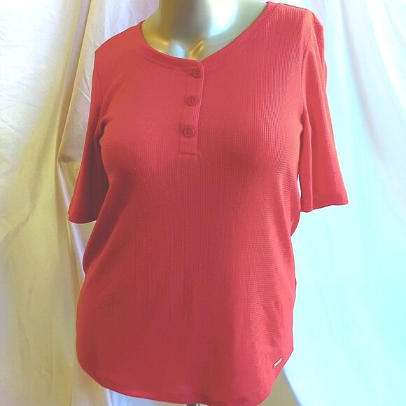 Calvin Klein Tops - Calvin Klein Pink Waffle‑Knit Henley Top (Women’s M)